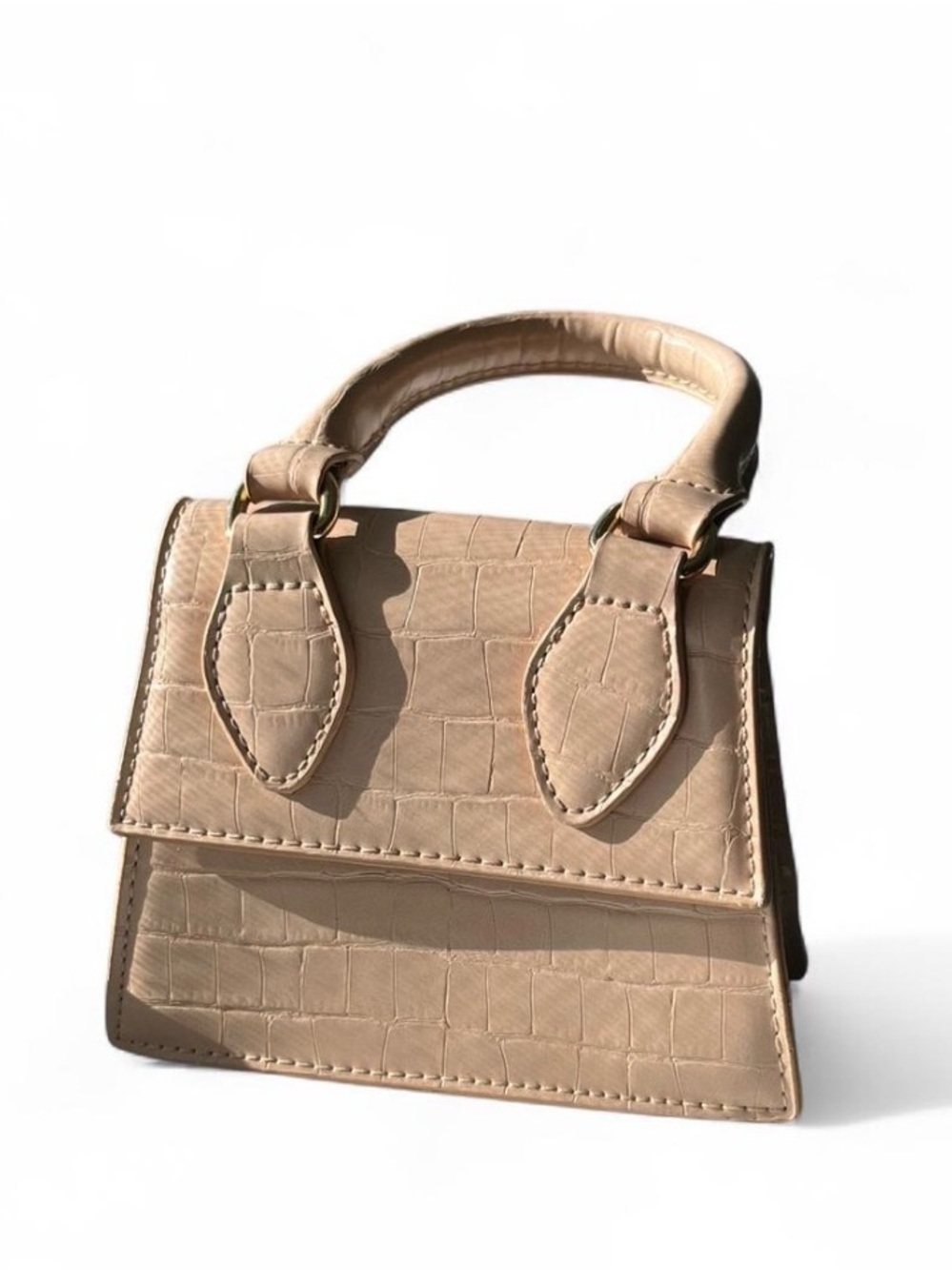 Beige Croc-Embossed Mini Top-Handle Bag
